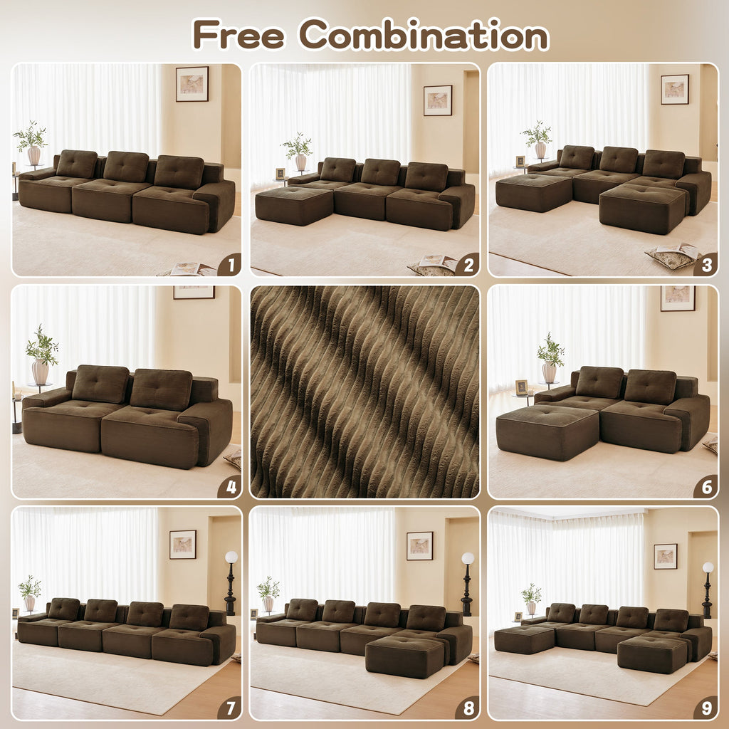 Sectional loveseat L-Shape Corduroy Brown 2 Seat Modular with Ottoman 82 In