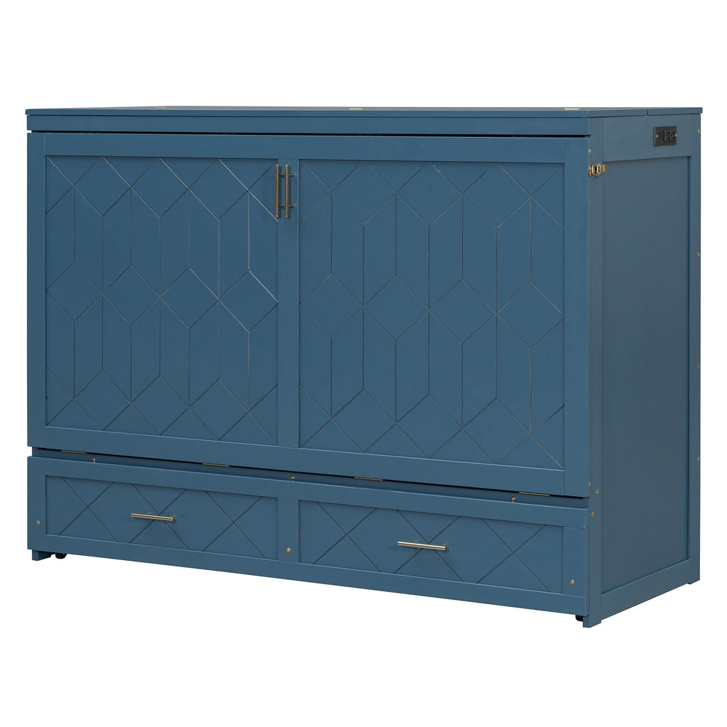 Queen Size Murphy Bed Wall Bed with Drawer and Sockets and USB Ports, Navy Blue