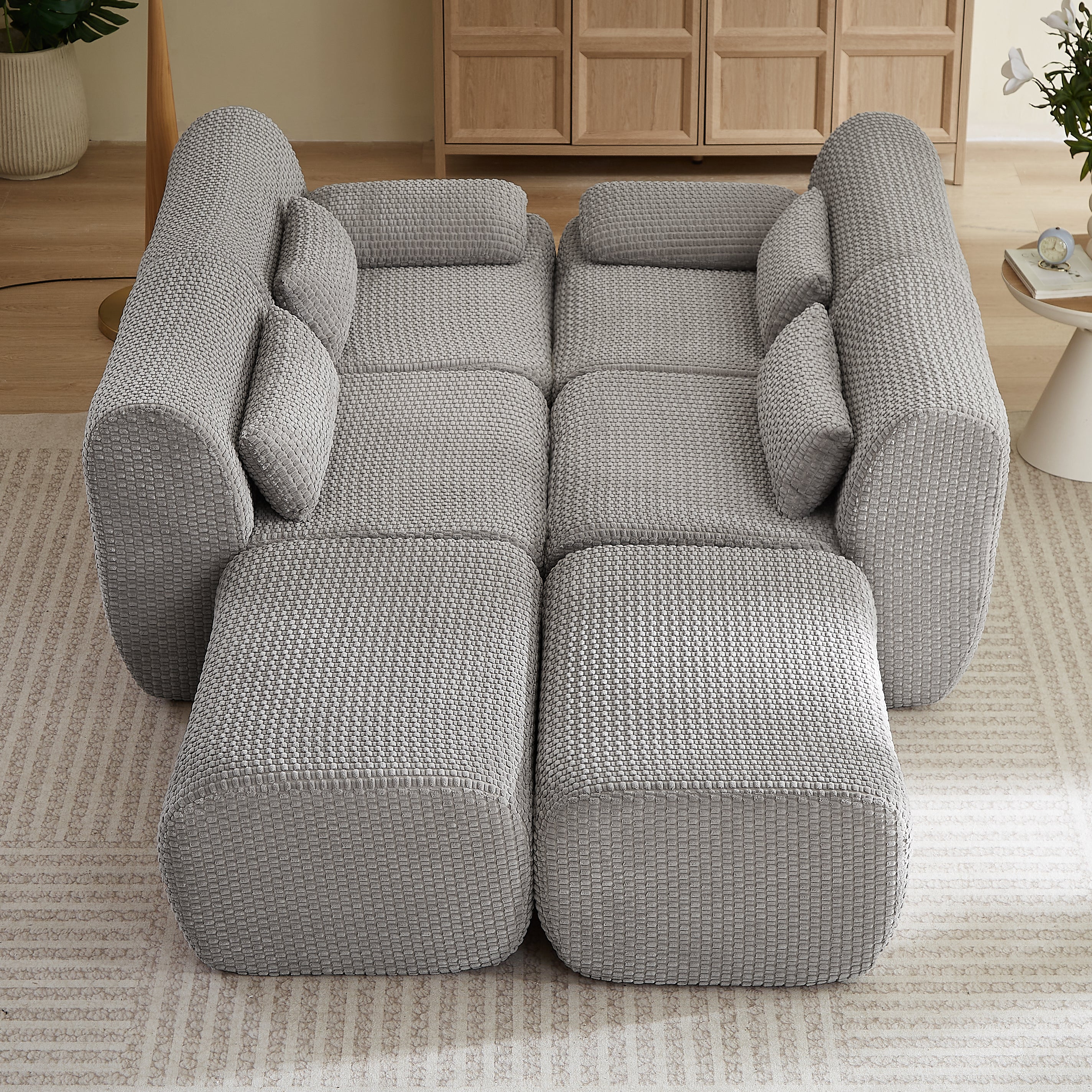 Sectional Sofa U-Shape Convertible Corduroy Gray 6 Seat Ottoman