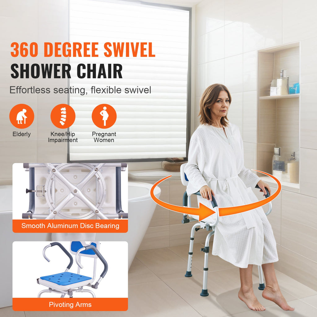 Shower Chair 360 Degree Swivel Aluminum 400 LB Pivoting Arms Adjustable