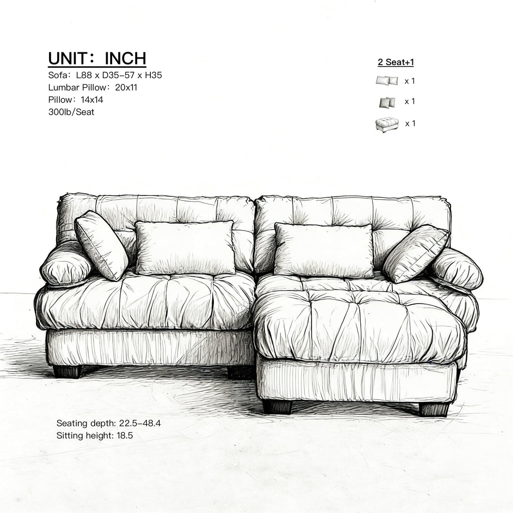 Sectional Sofa L-Shape Cloud Flannelette Beige 3 Seat 88 In 4 Pillows