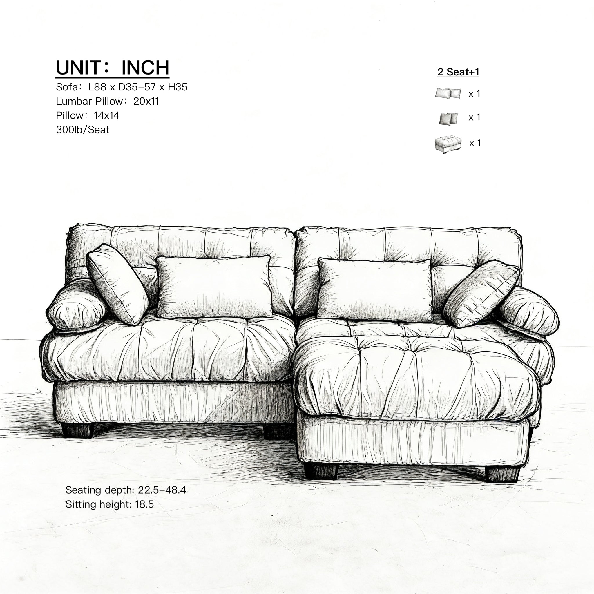 Sectional Sofa L-Shape Cloud Flannelette Beige 3 Seat 88 In 4 Pillows