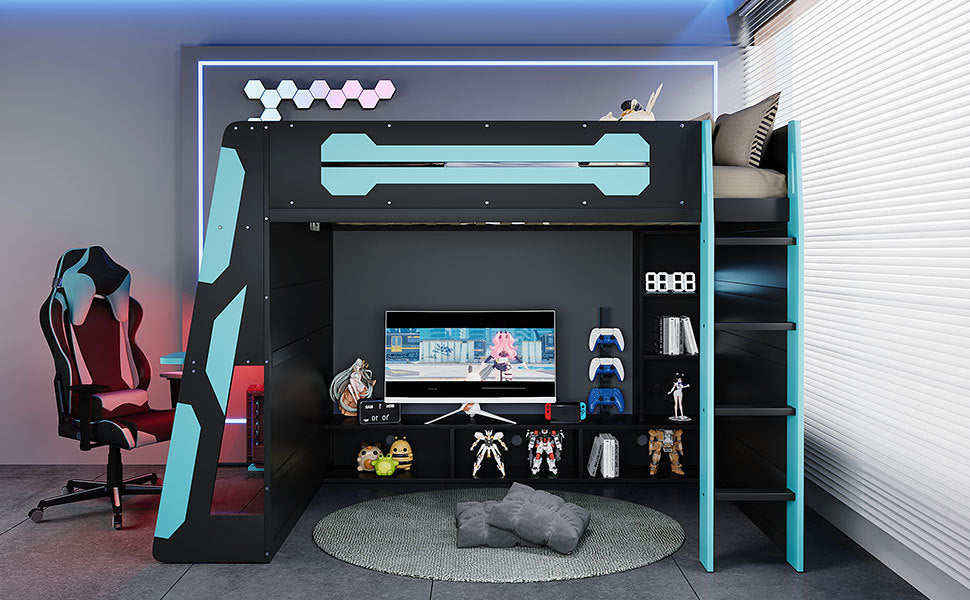 Full Size Wood Loft Bed with Desk, Multi-storage Shelves and RGB Light, Cloud