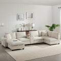 Sectional Sofa U-Shape Corduroy Beige 6 Seat Storage Ottoman USB 140 In