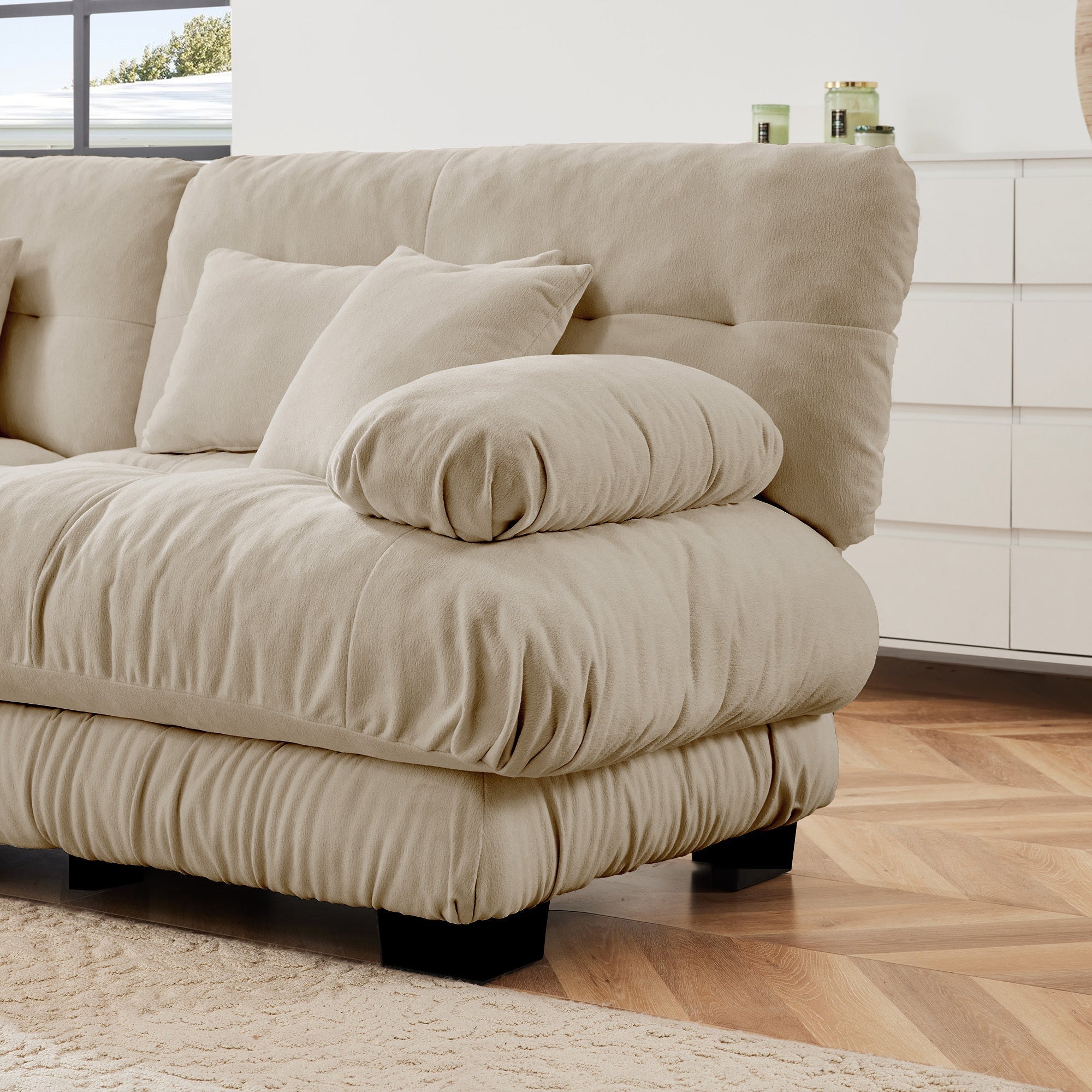 Sectional Sofa L-Shape Chenille Light Coffee 3 Seat Convertible Ottoman