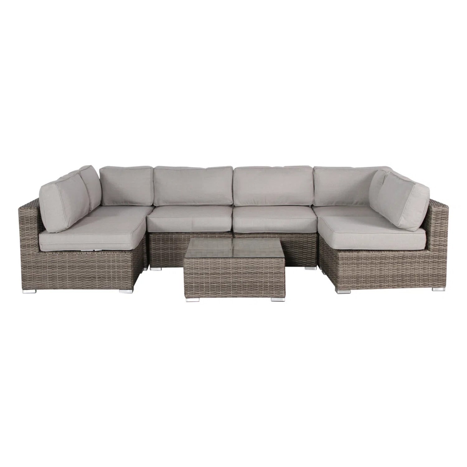 Outdoor Sectional Patio Set Wicker Gray Brown 7 Piece with Glass Table Seats 4