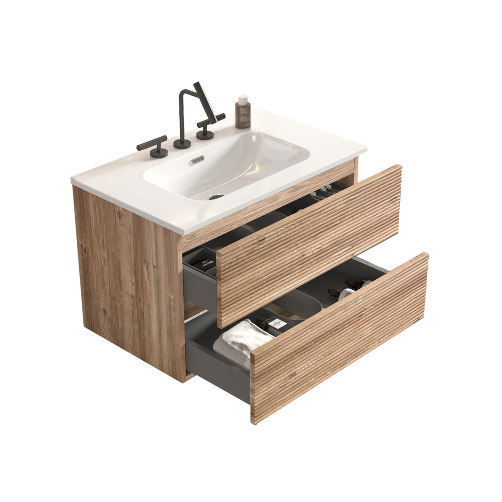 30' Wall Mounted Rough Oak&Rough Oak Bathroom Vanity with Integrated Ceramic ...