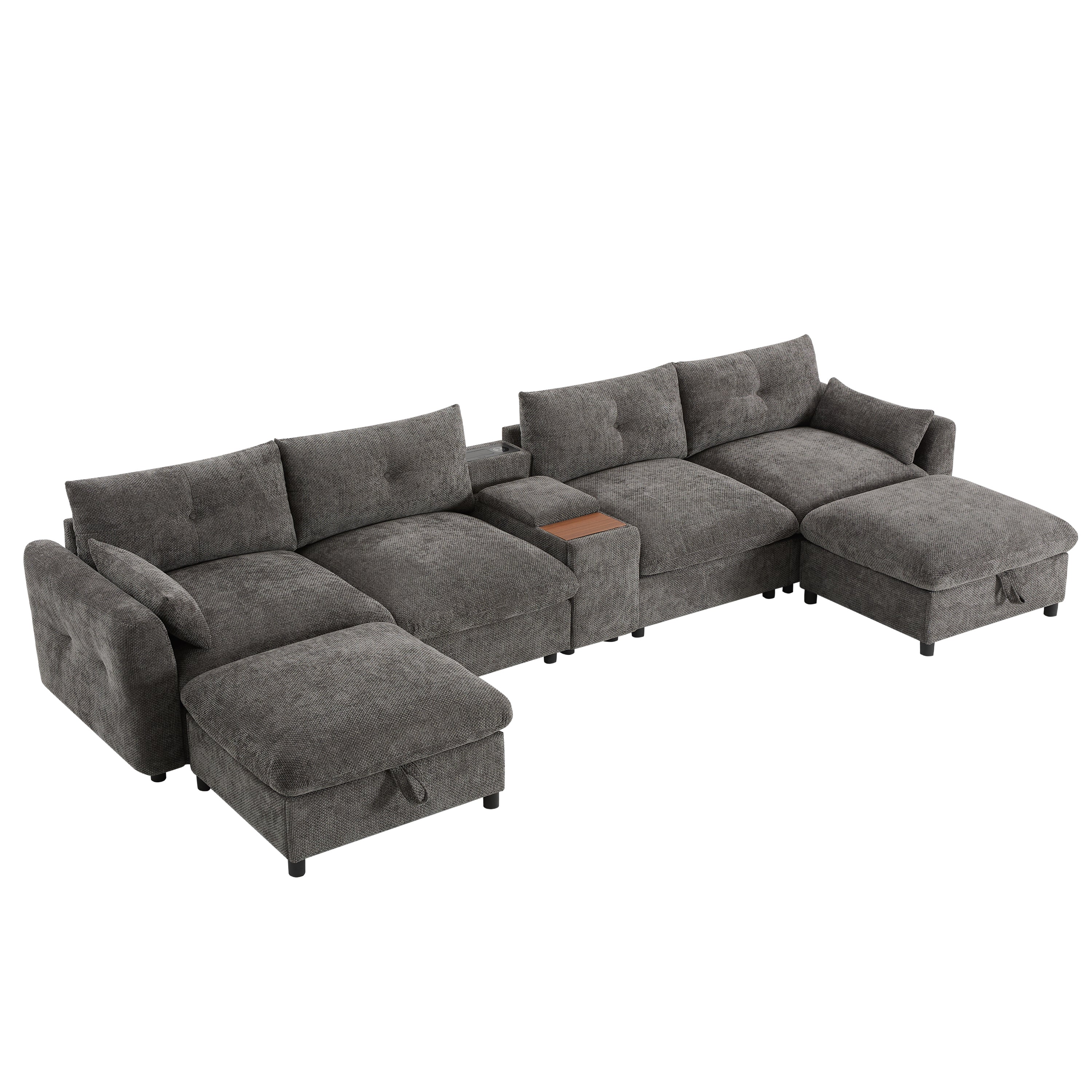 Sectional Sofa U-Shape Chenille Gray 6 Seat USB Console 136 In