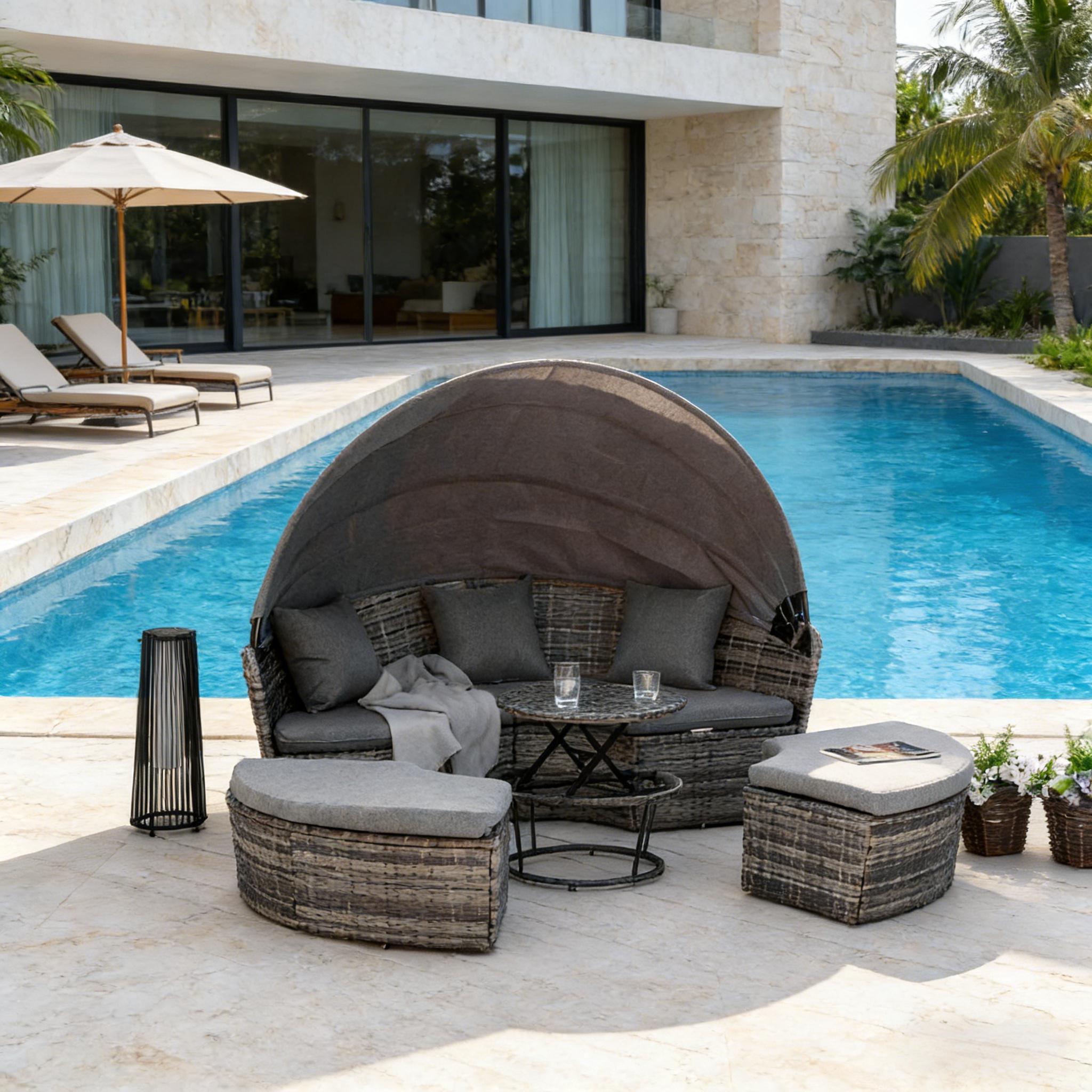 Outdoor Round Daybed Set PE Rattan Gray 4 Piece Canopy 352 lb Capacity