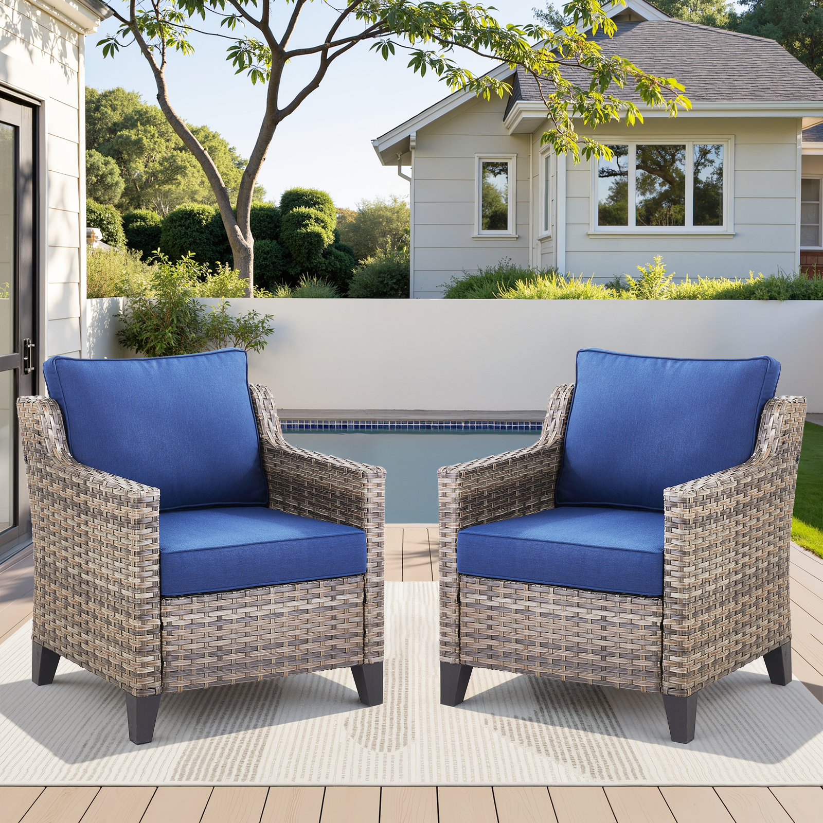 Outdoor Lounge Chair Set Wicker Blue Sloped Armrest 4 in Cushion 2 Piece