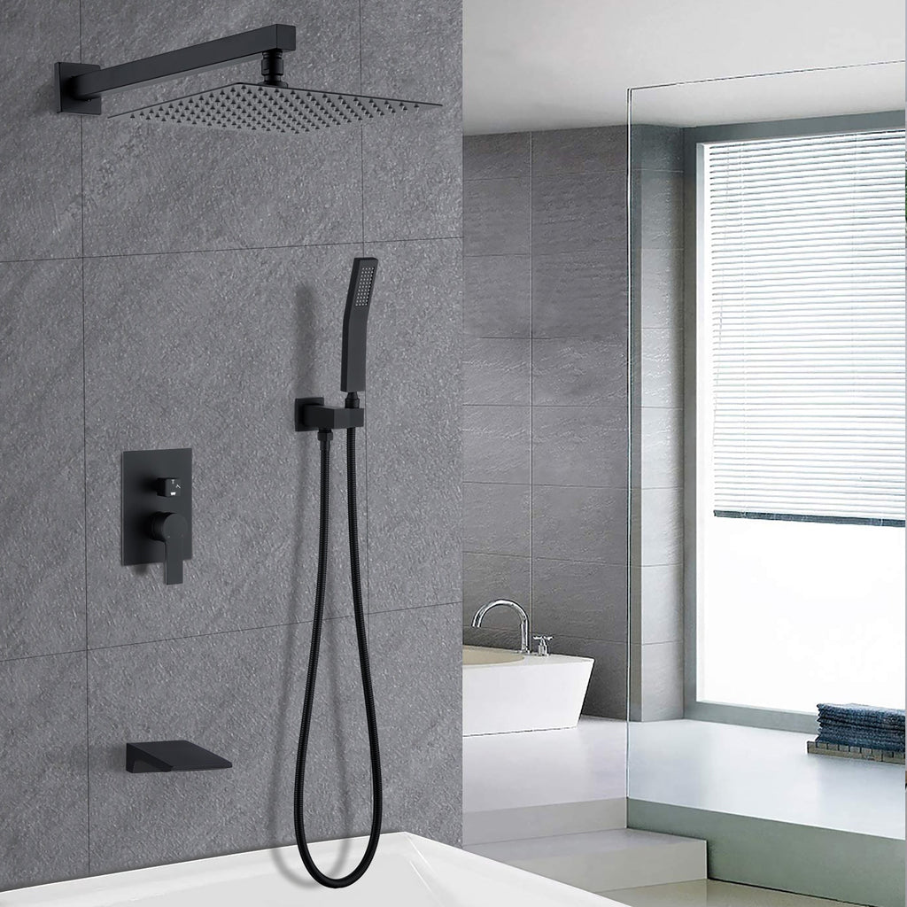 Matte Black All Metal Tub Shower Faucet Set with 12in Rain Shower Head, Wall