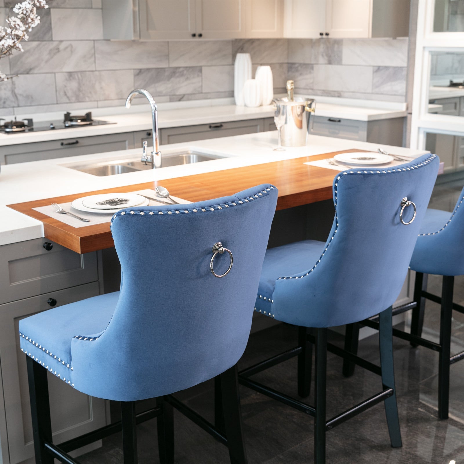 Contemporary Velvet Upholstered Barstools Button Tufted with Wooden Legs Set of 2, Blue