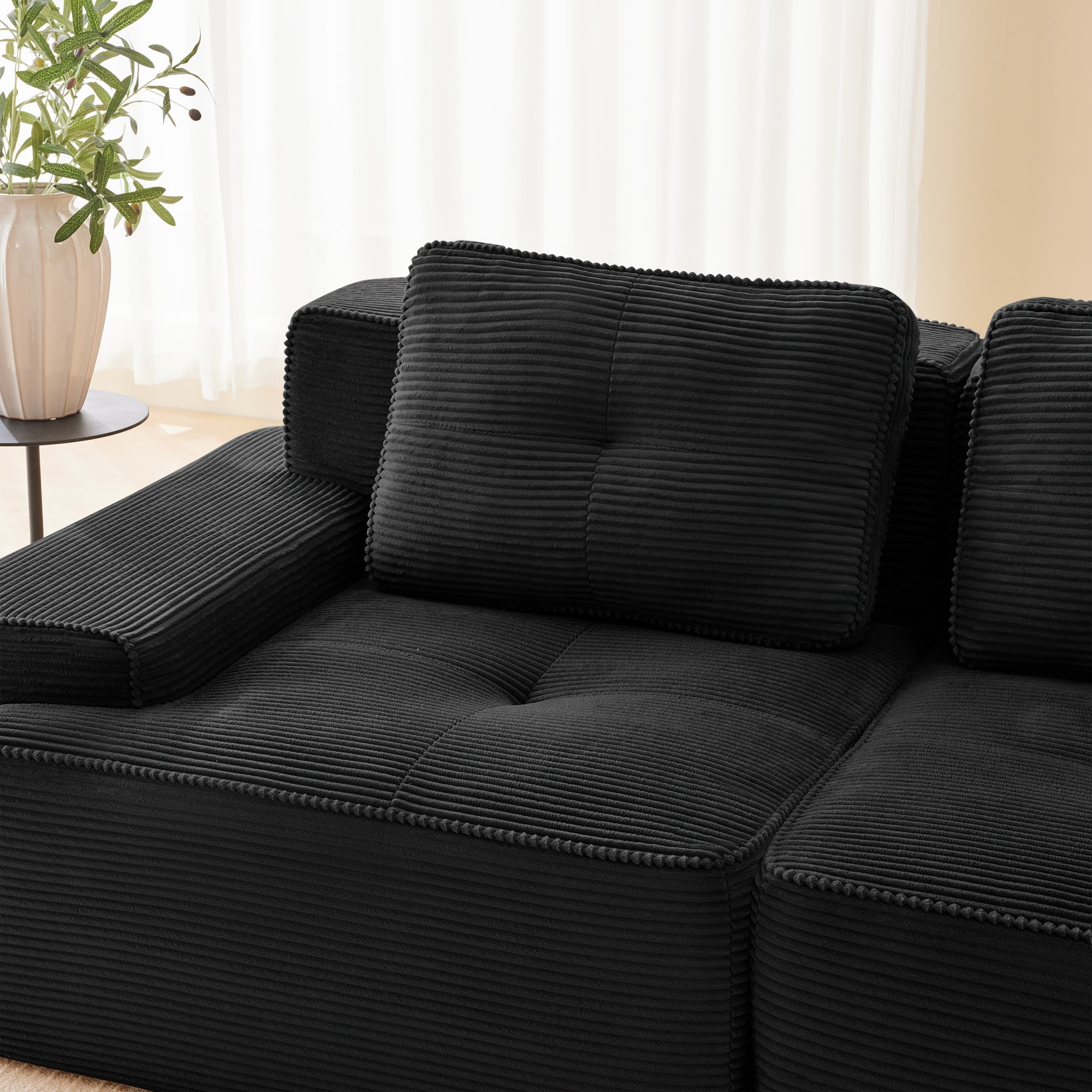 Sectional Sofa Modular Corduroy Black 3 Seat Tufted No Assembly