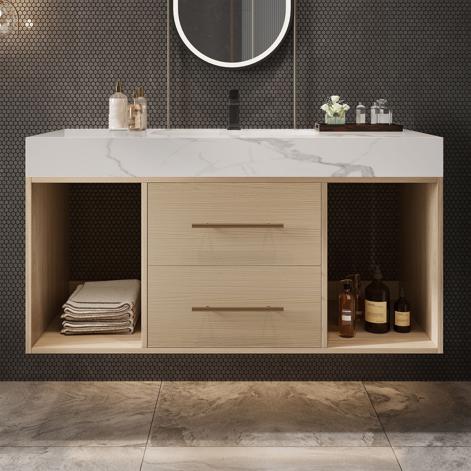 39.4'' Floating Bathroom Vanity with Ceramic Sink, 2 Soft Close Drawers