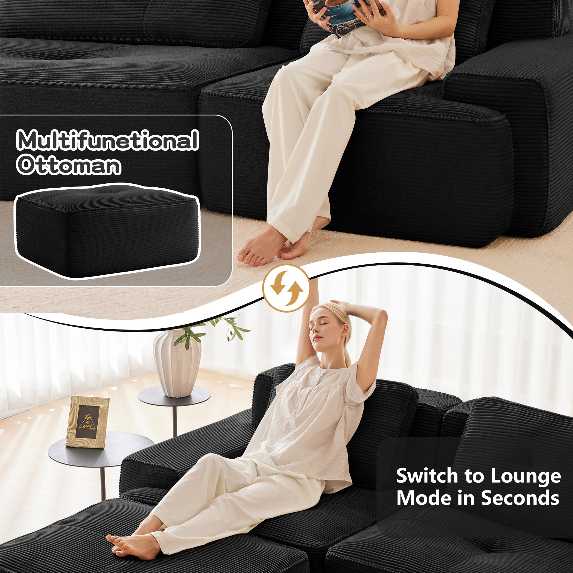 Sectional Sofa Modular Corduroy Black 3 Seat Tufted No Assembly