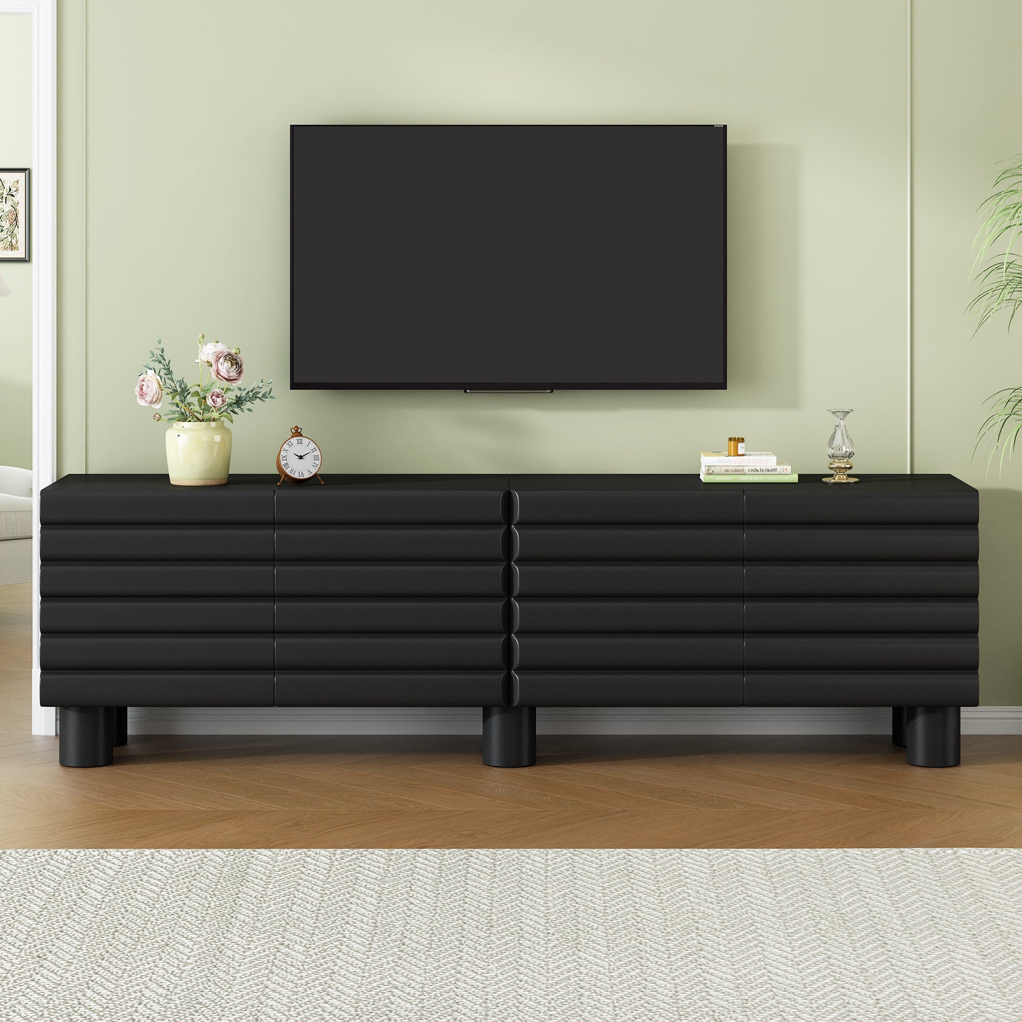 TV Stand Wavy Door Black MDF 4-Cabinet Cylindrical Legs Fits 70 In TV