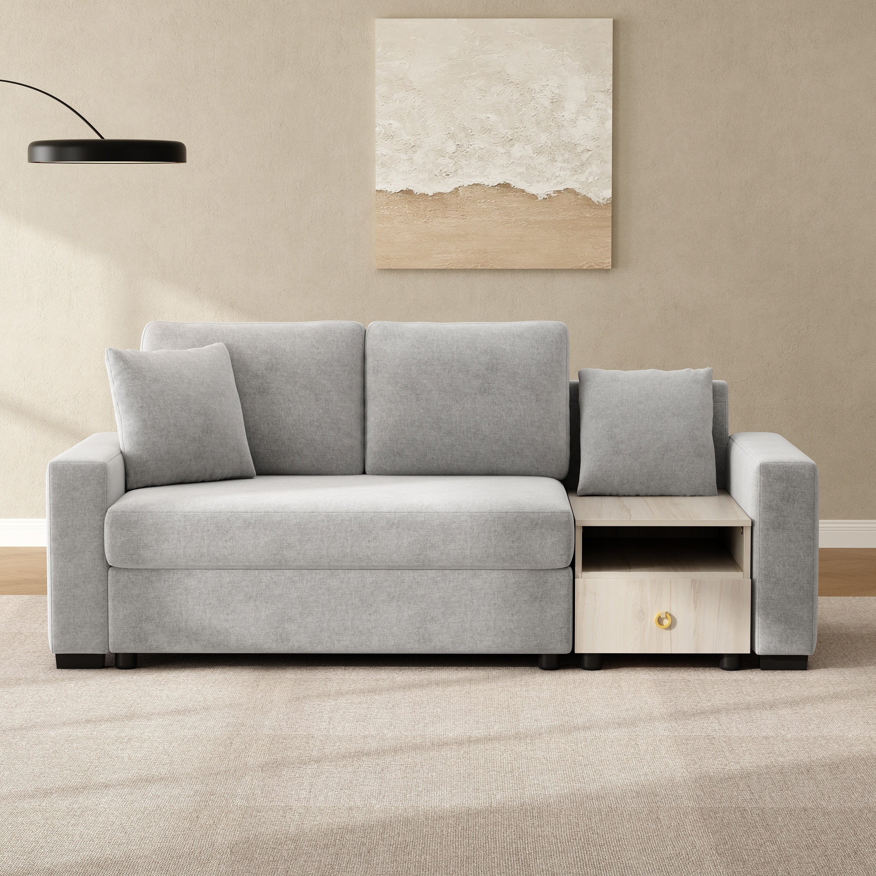 Sofa Modular Chenille Gray 2 Seat Center Console Storage Armrests 79 In