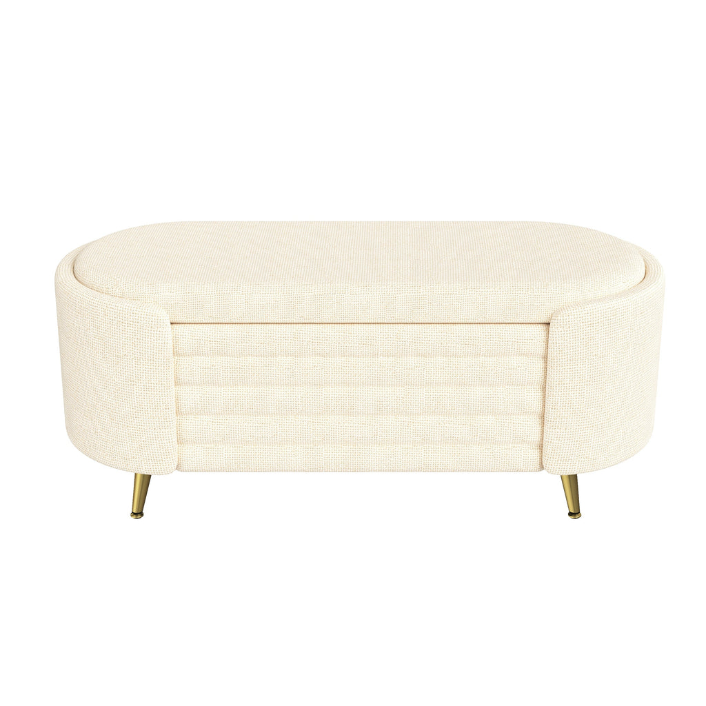 Storage Ottoman Oval Chenille Beige Metal Legs Hidden Storage 44.9x18x18 In
