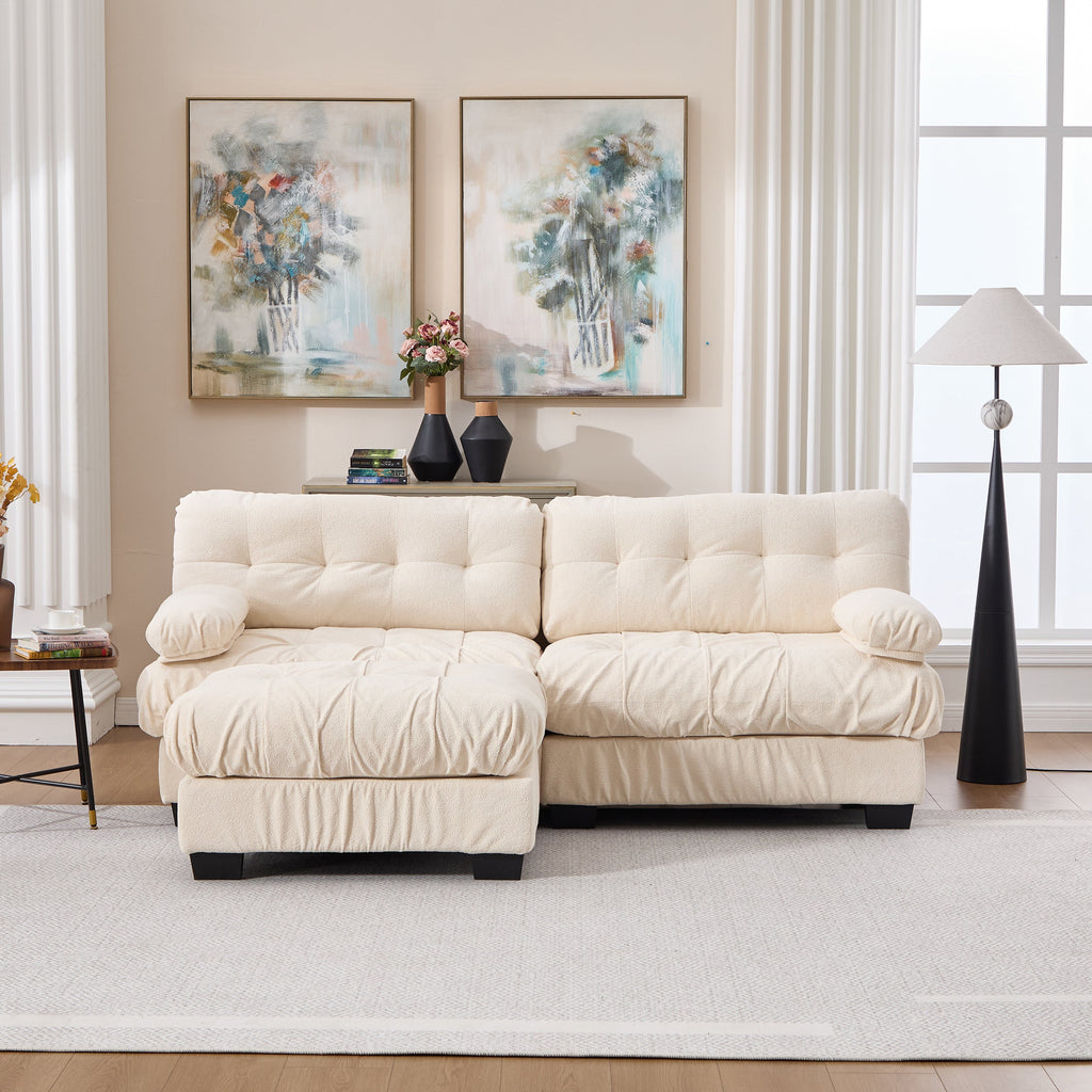 Sectional Sofa L-Shape Cloud Flannelette Beige 3 Seat 88 In 4 Pillows