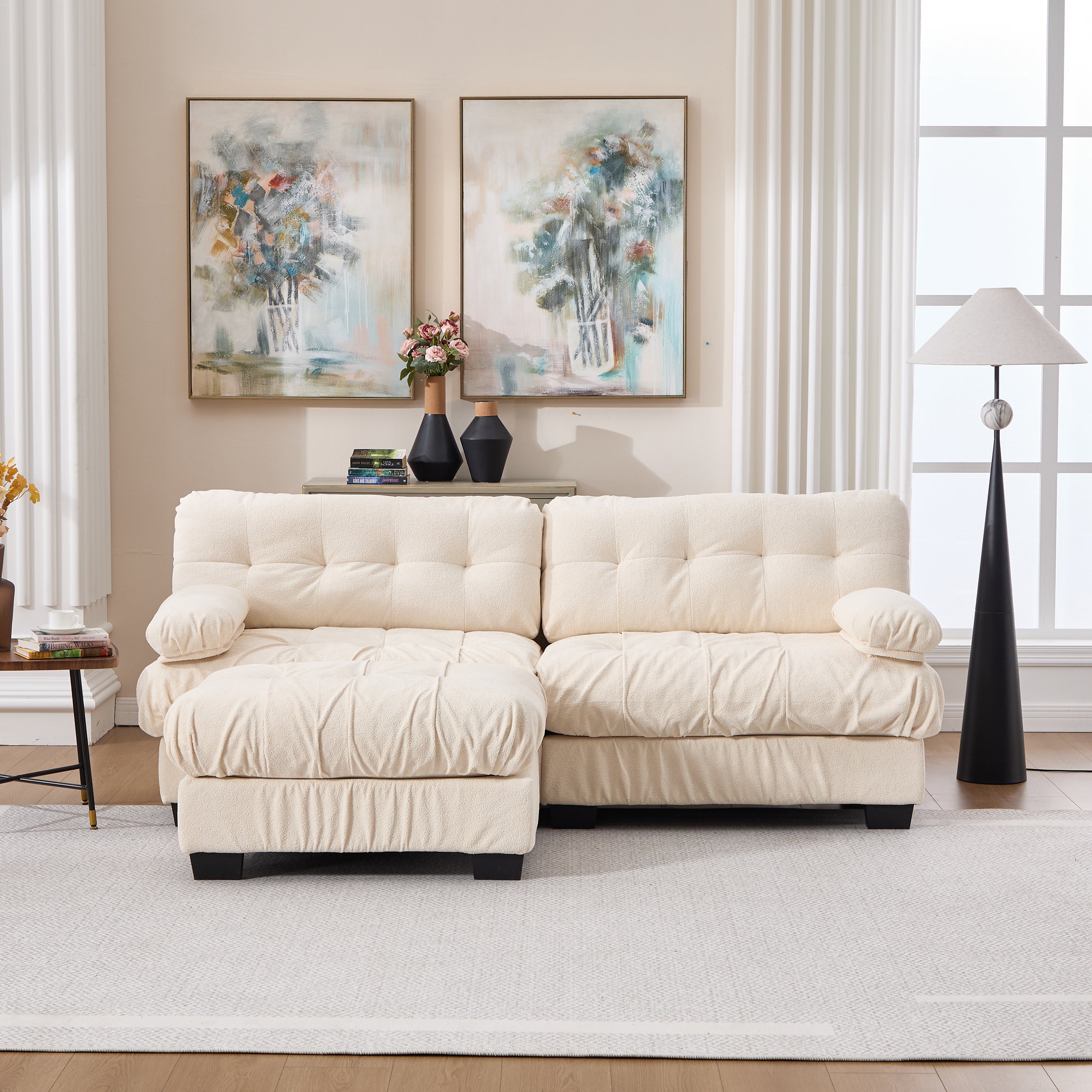 Sectional Sofa L-Shape Cloud Flannelette Beige 3 Seat 88 In 4 Pillows