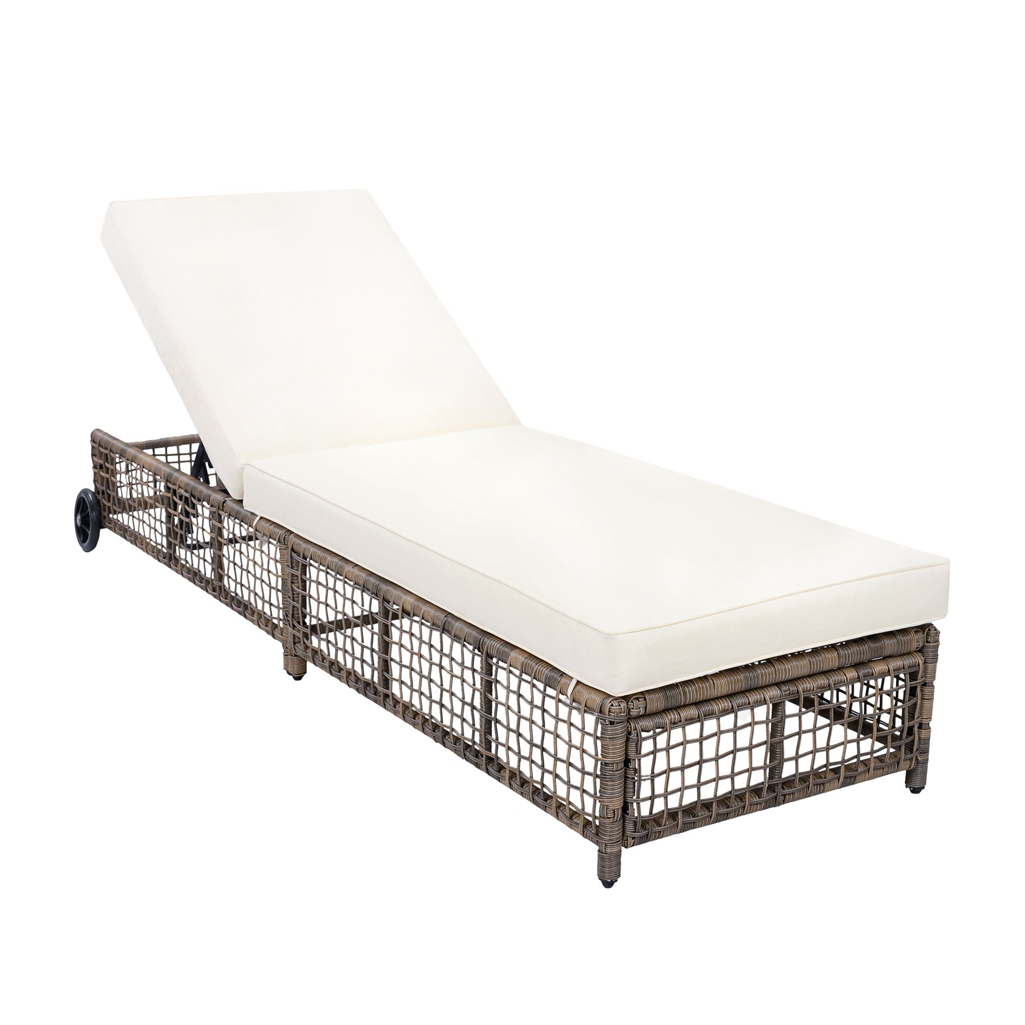Outdoor Lounge Chair with 5-Position Backrest, Rattan Chaise Lounge in Beige