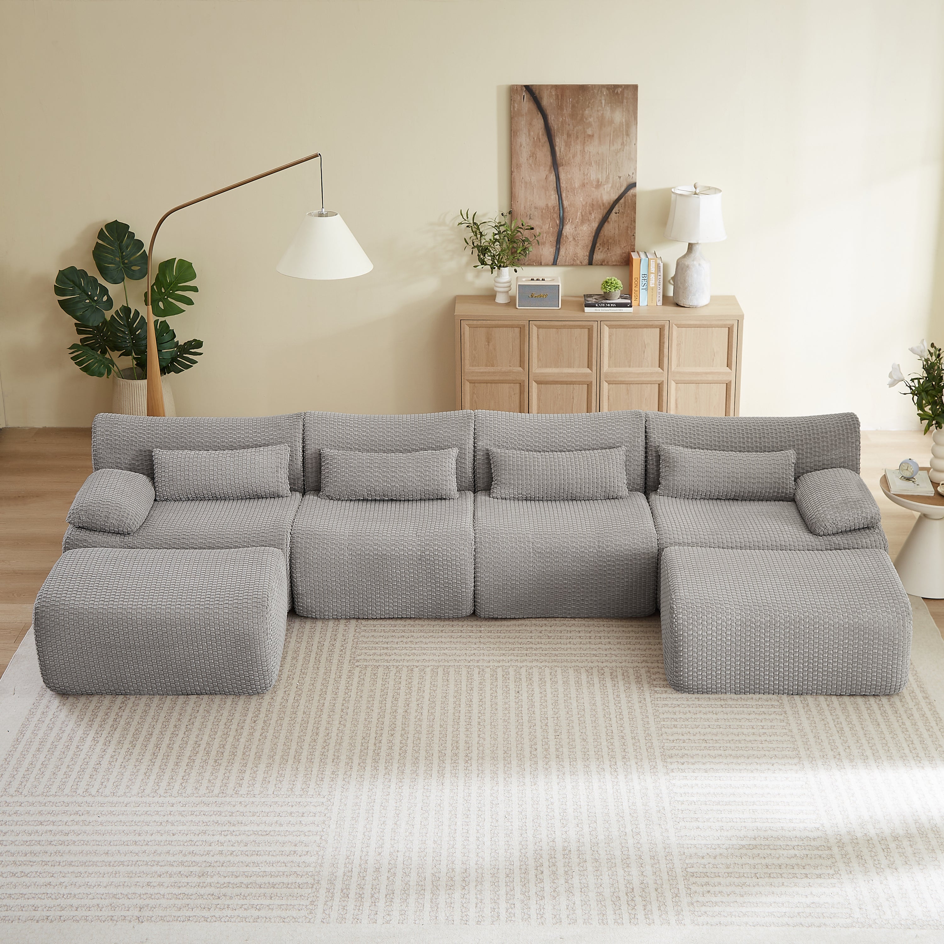 Sectional Sofa U-Shape Convertible Corduroy Gray 6 Seat Ottoman