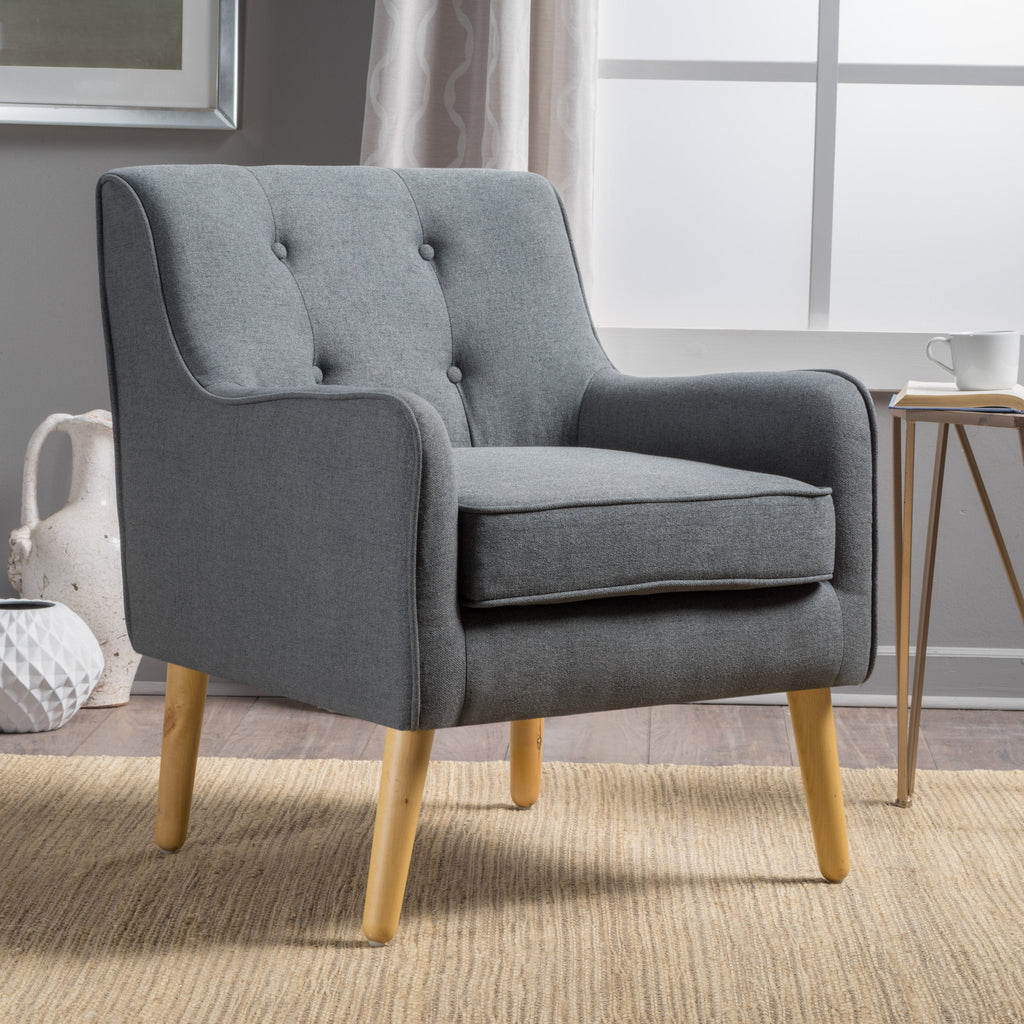 Accent Chair Mid-Century Charcoal Fabric Tufted Back Wood Legs 25x30x31 In