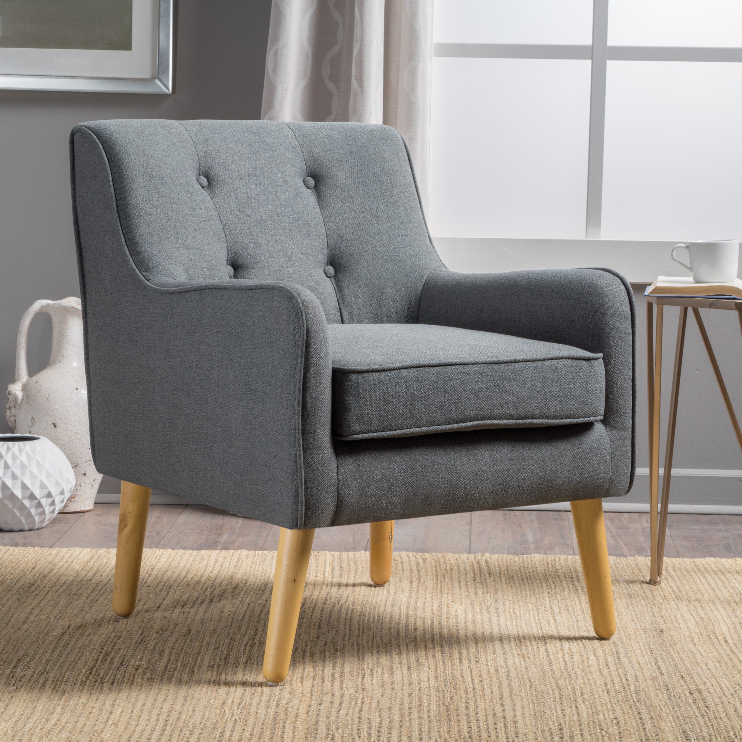 Accent Chair Mid-Century Charcoal Fabric Tufted Back Wood Legs 25x30x31 In