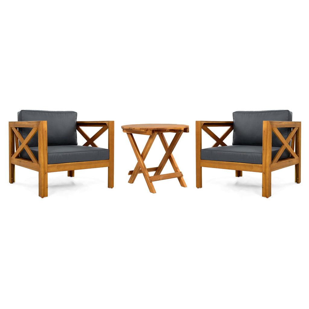 Outdoor Conversation Set Acacia Wood Teak Dark Gray Cushion 3 Piece