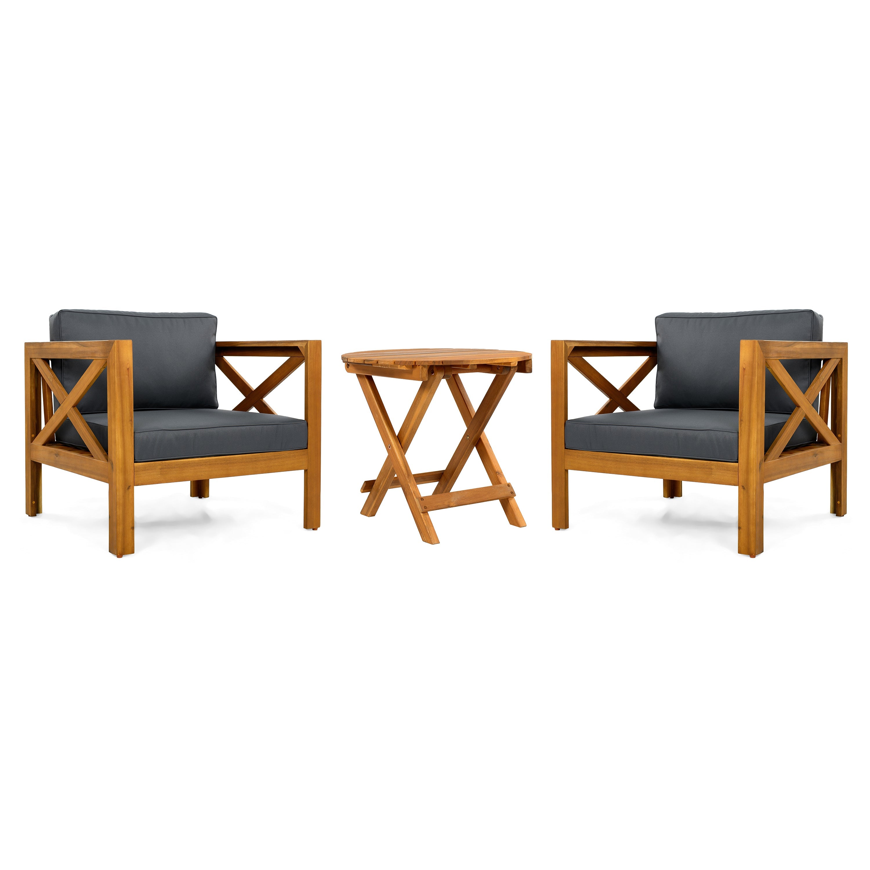 Outdoor Conversation Set Acacia Wood Teak Dark Gray Cushion 3 Piece