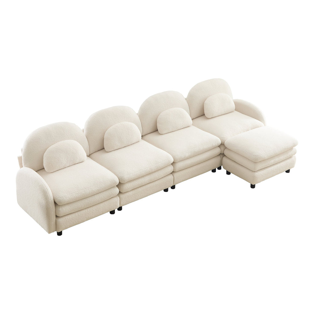 Sectional Sofa Modular Cloud Teddy Beige White 4 Seat Ottoman