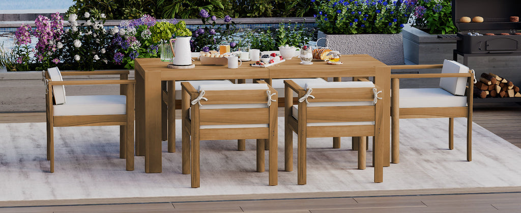 Outdoor Dining Set Acacia Wood Light Teak 7 Piece Rectangle Seats 6