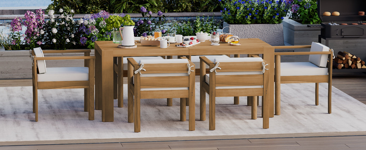 Outdoor Dining Set Acacia Wood Light Teak 7 Piece Rectangle Seats 6