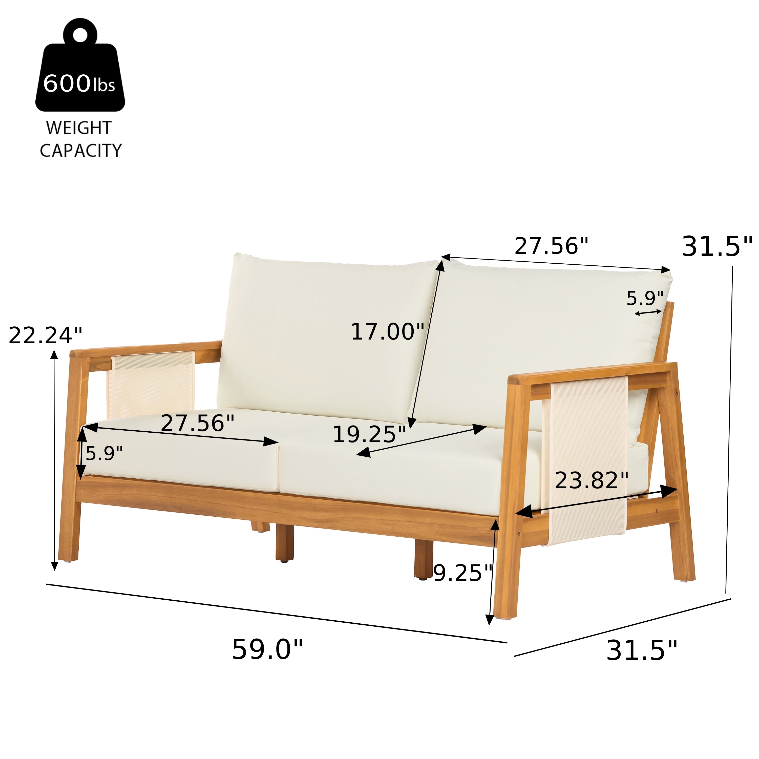Outdoor Sofa Set Acacia Wood Teak Textilene Beige Cushion 2 Piece