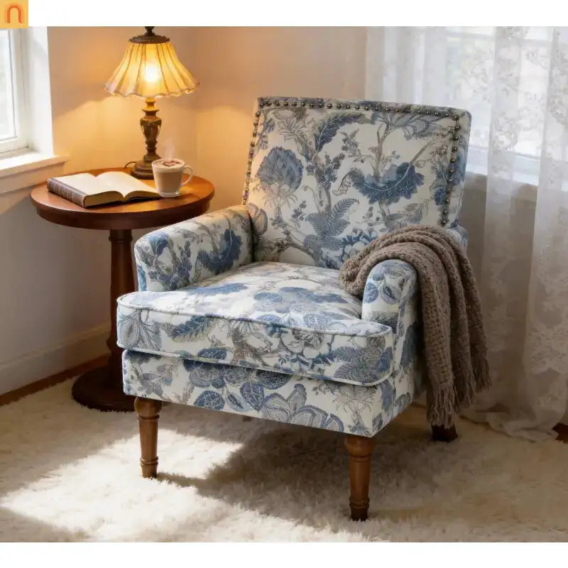 Farmhouse Accent Chair Floral Fabric Blue Nailhead 28