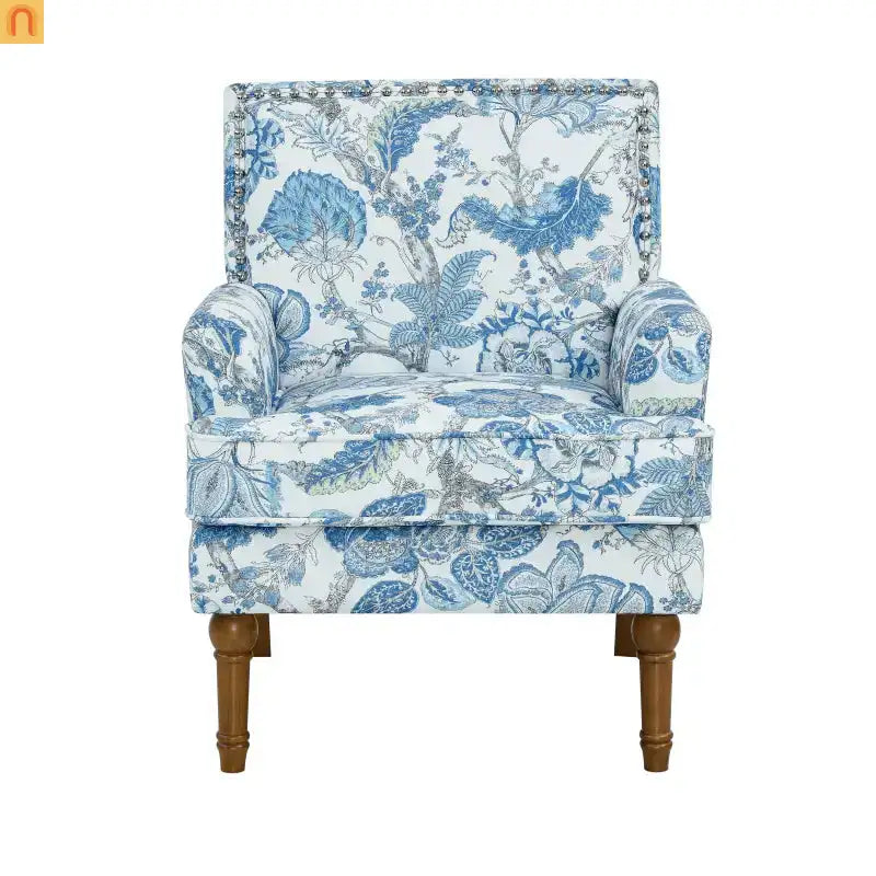 Farmhouse Accent Chair Floral Fabric Blue Nailhead 28