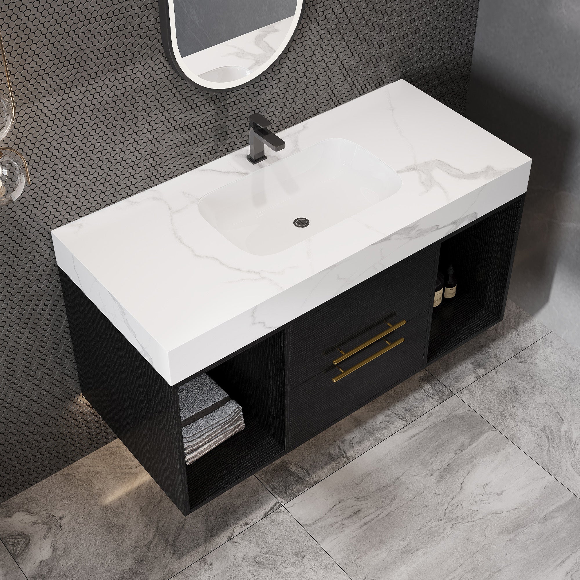 39.4' Floating Bathroom Vanity with Ceramic Sink, 2 Drawers and 2 Open Shelves