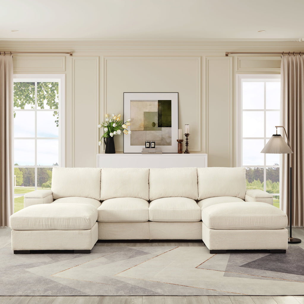 Sectional Sofa U-Shape Corduroy Beige 4 Seat 122 In 2 Ottomans