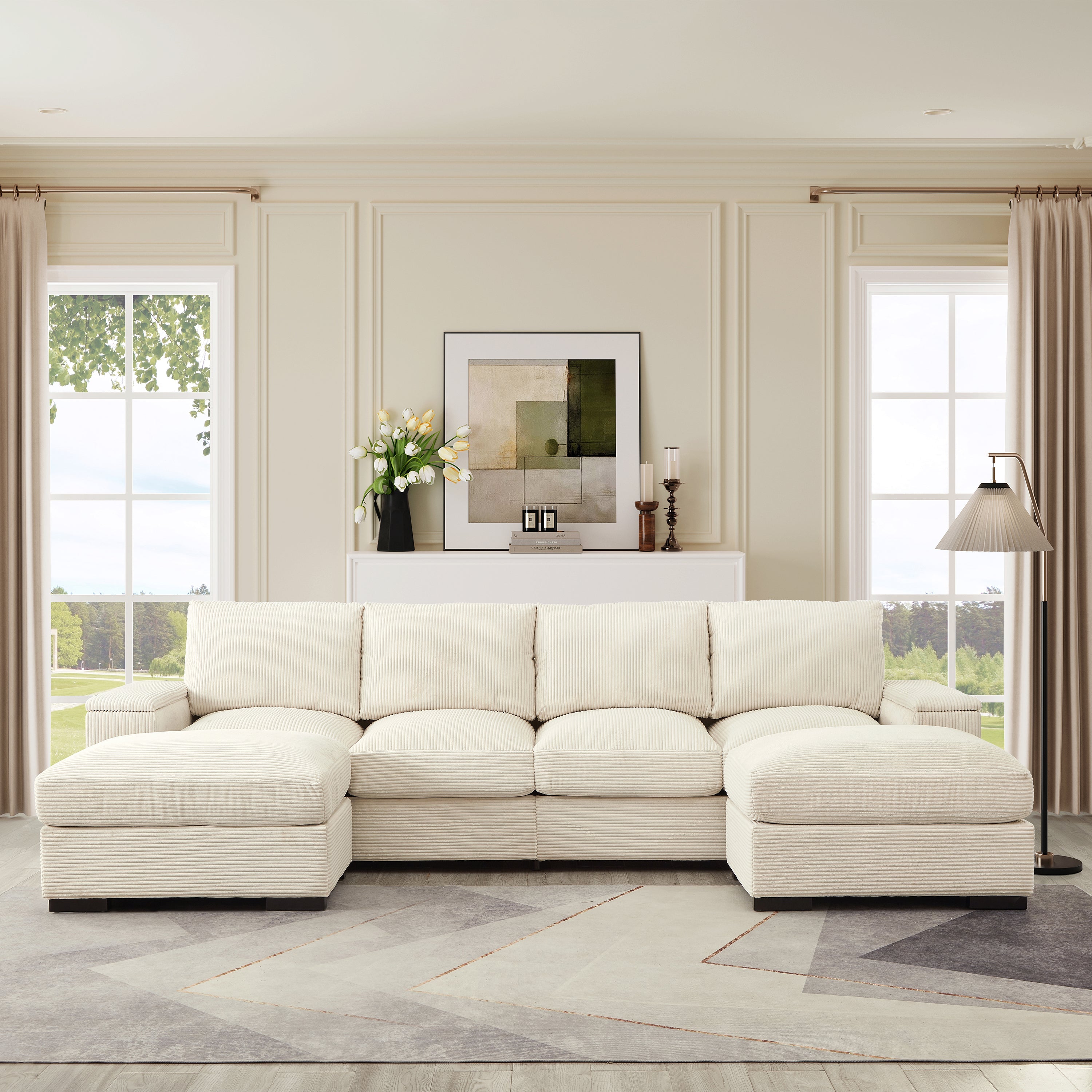 Sectional Sofa U-Shape Corduroy Beige 4 Seat 122 In 2 Ottomans