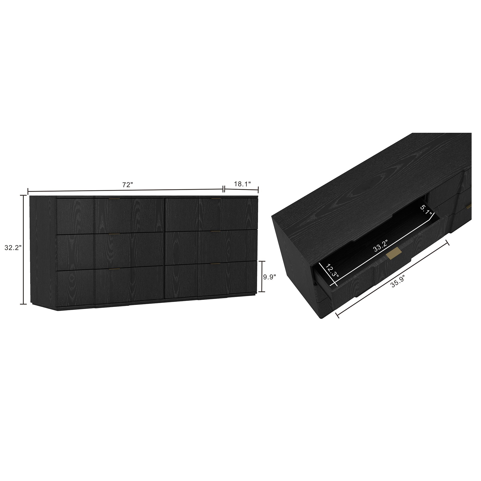 Dresser Modern 6-Drawer Black Gold MDF Sculpted Fronts Metal Handles 72 In