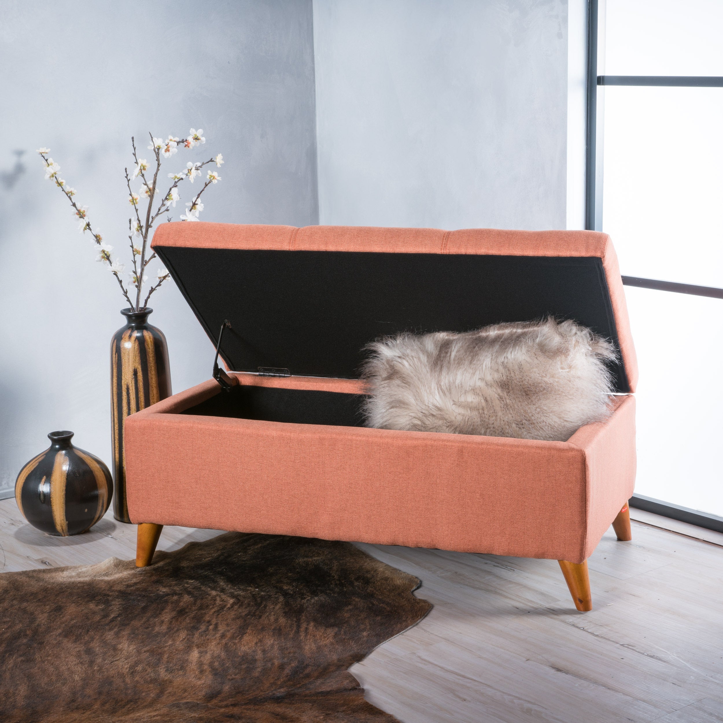 Tufted Button Storage Ottoman Bench with Hinged Lid and Solid Wood Legs
