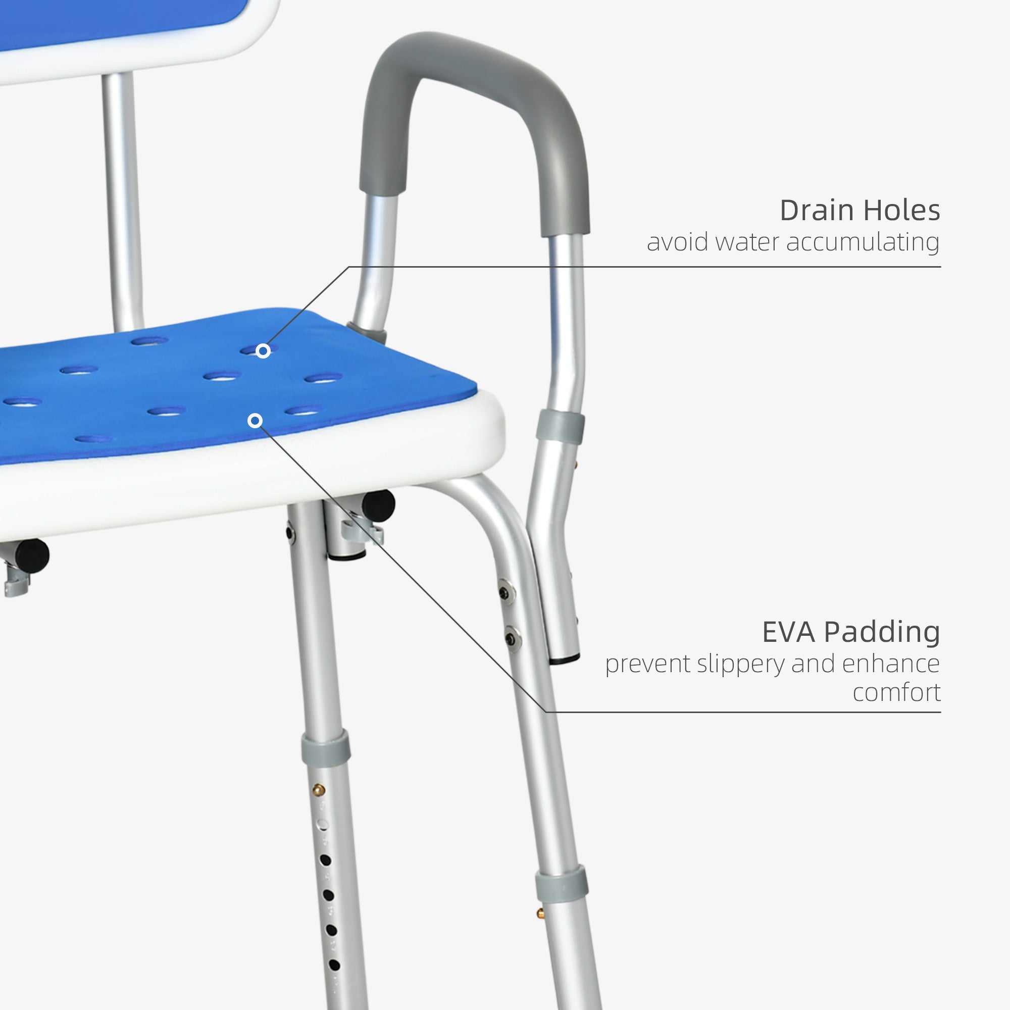 Shower Chair EVA Padded Back Arms Aluminum 299 LB 6-Level Adjustable Blue