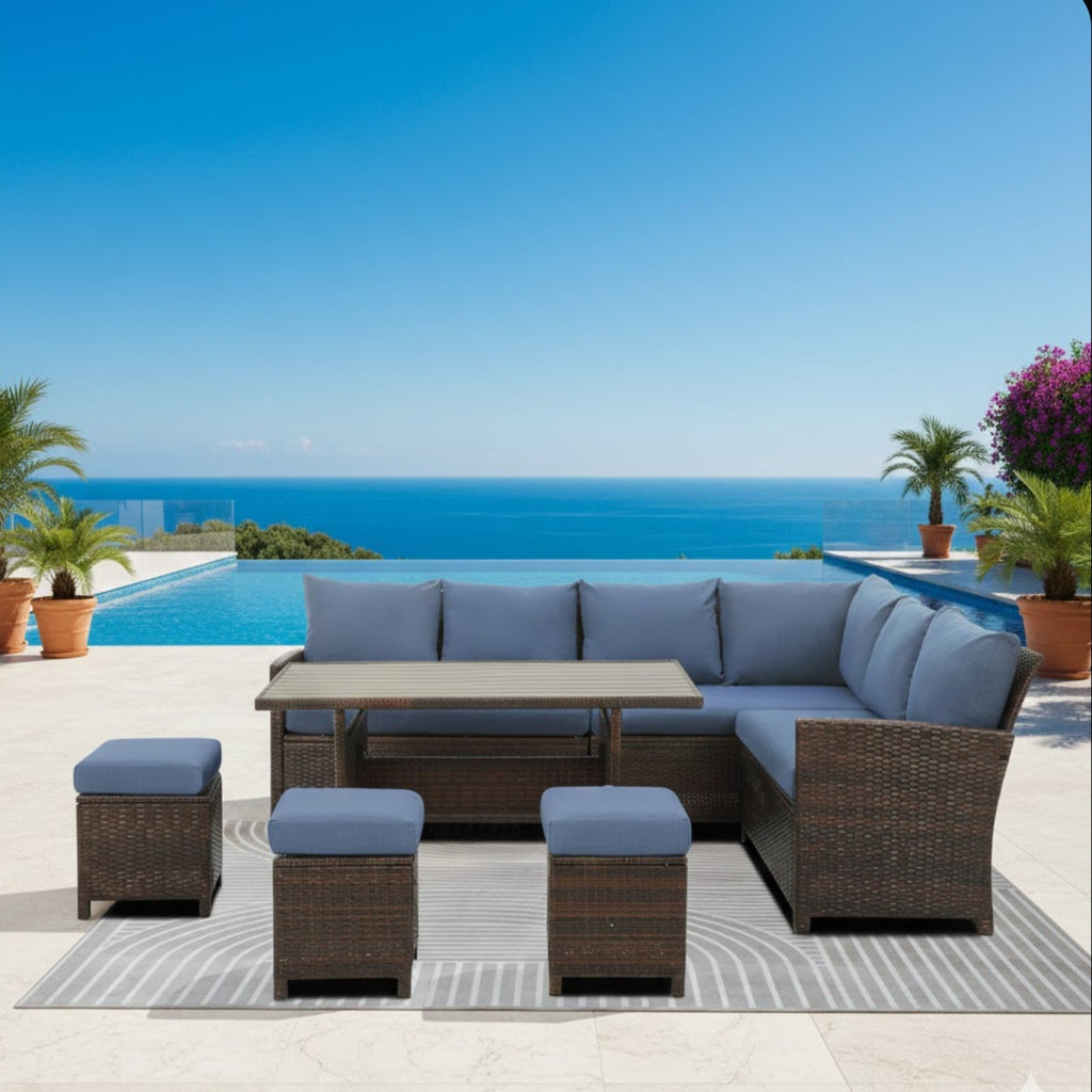 Outdoor Dining Set PE Rattan Brown Blue 7 Piece Seats 8
