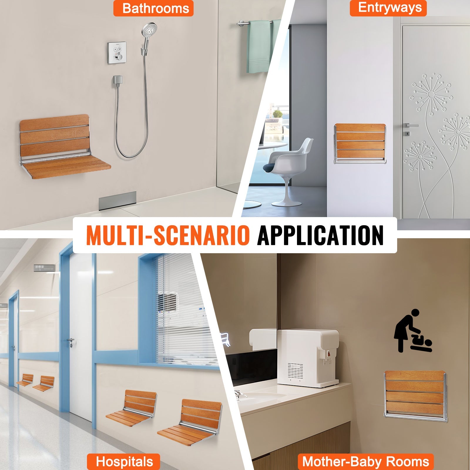 Shower Seat Folding Wall-Mounted Teak Wood 500 LB 20.9x16 In Space-Saving