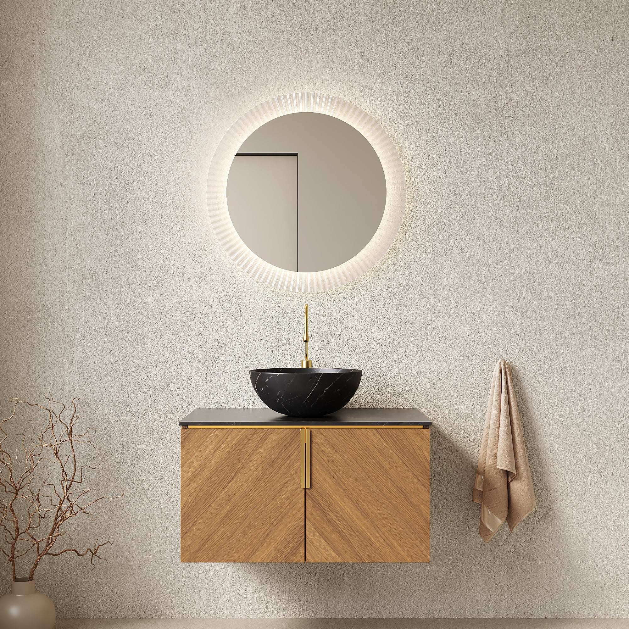 30' Bathroom Vanity with Sink, Floating Plywood 2 Doors Black Stone Black Bowl Basin