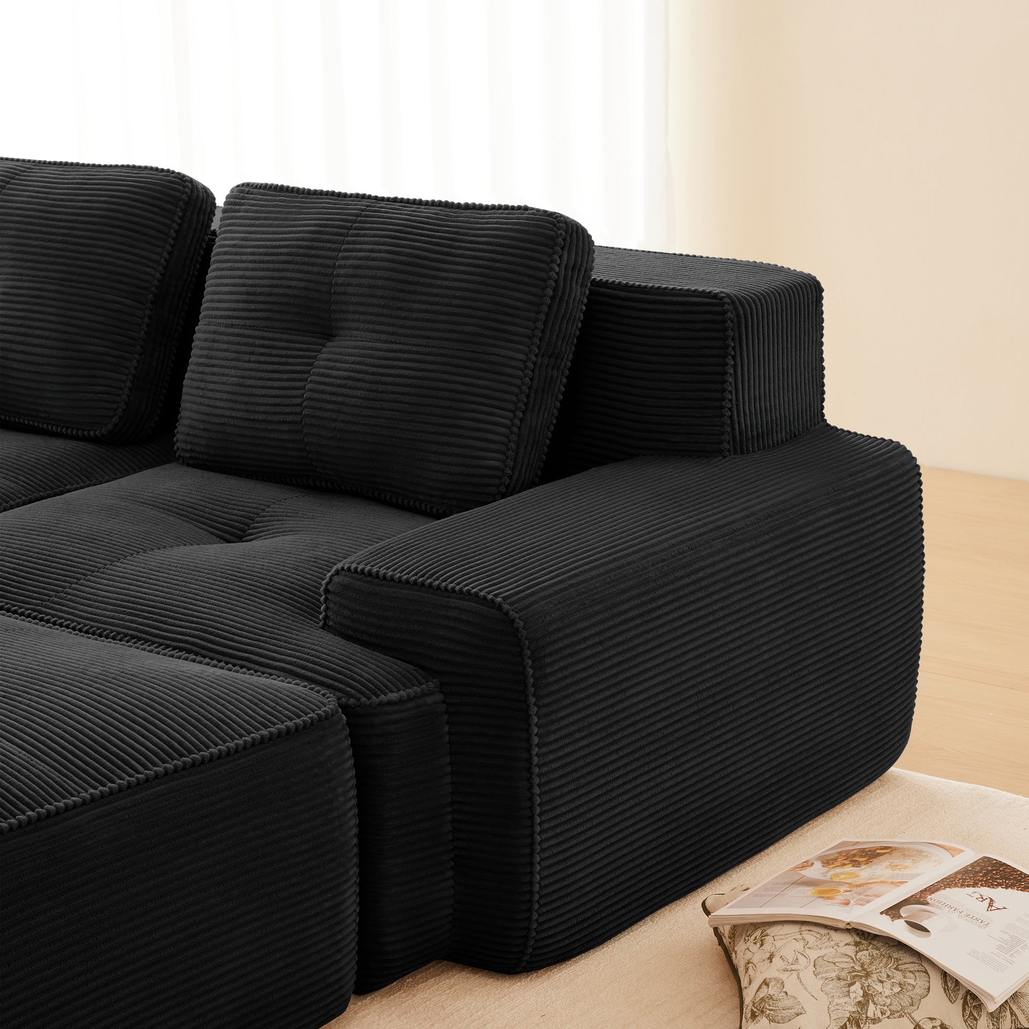 Sectional Sofa Modular Corduroy Black 3 Seat Tufted No Assembly