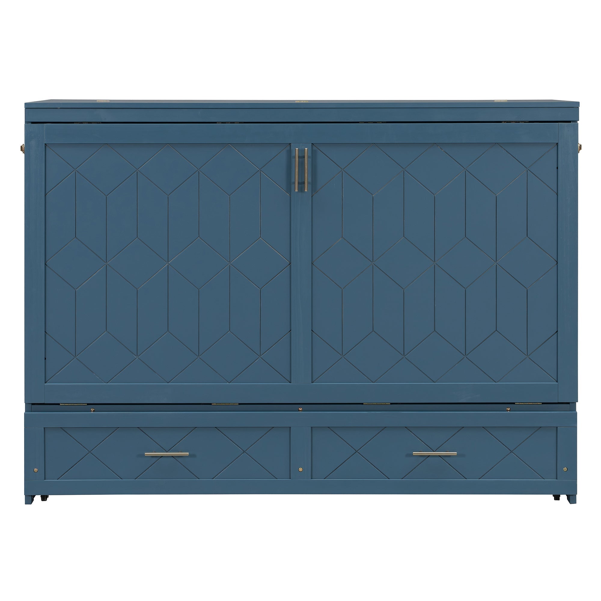 Queen Size Murphy Bed Wall Bed with Drawer and Sockets and USB Ports, Navy Blue