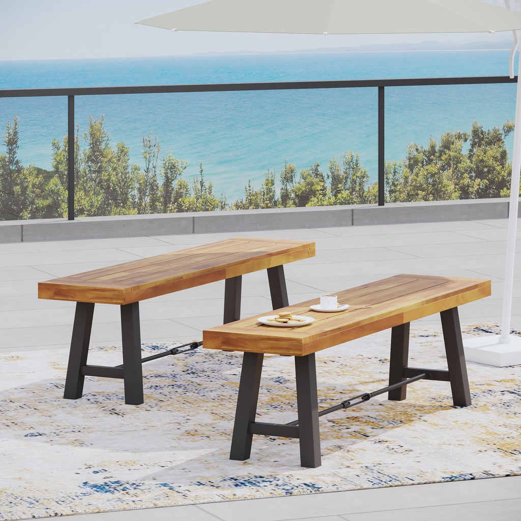 Outdoor Bench Acacia Wood Teak Slat Design Weather-Resistant 63x14.5x17.75 In