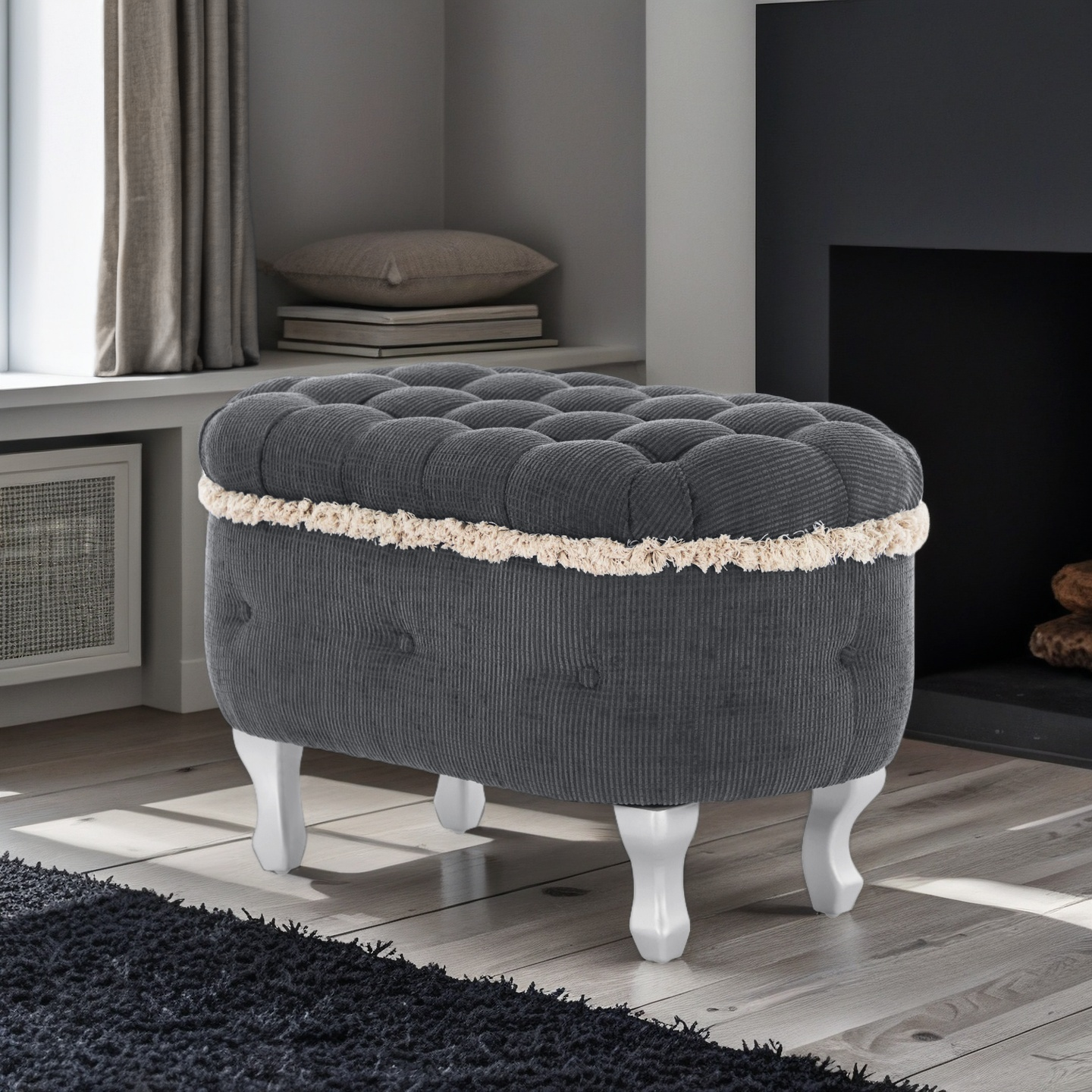 Storage Bench Tufted Gray Fabric Tassel Trim Flip Top 29.5x17.8x19 In