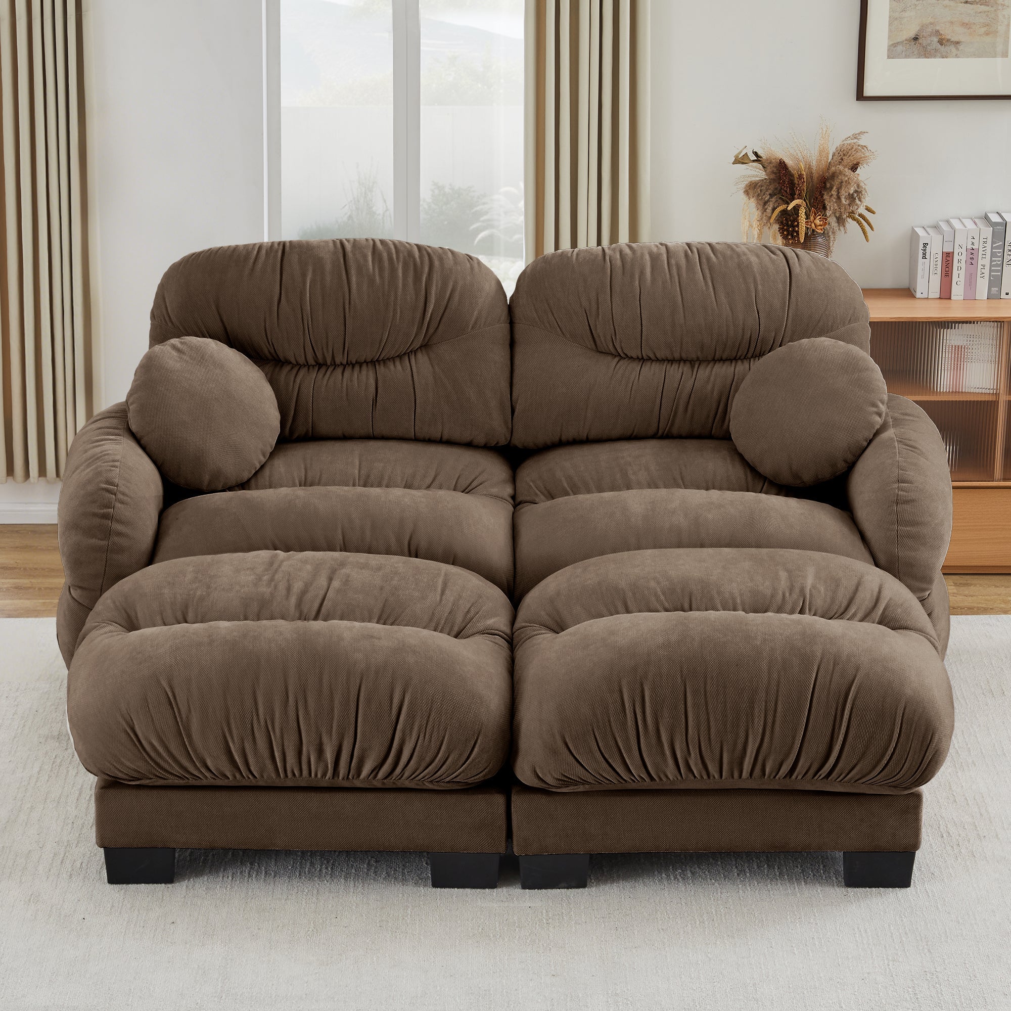 Sectional Sofa L-Shape Chenille Brown Pleated Backrest Modular 2 Ottomans